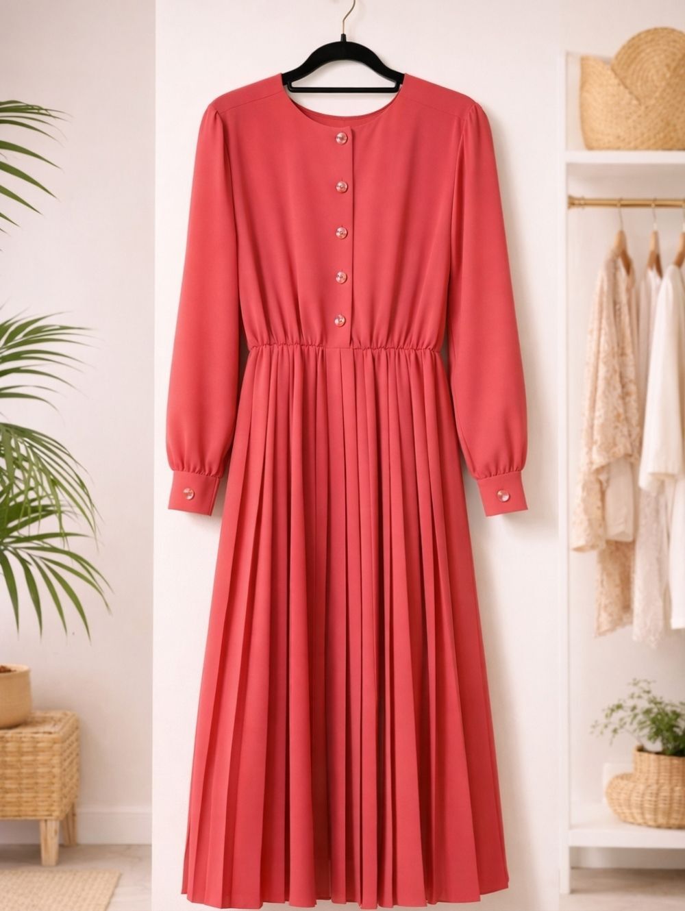 Vintage 90s Henry Lee Coral Pleated Dress Petite 8P Classic Elegant